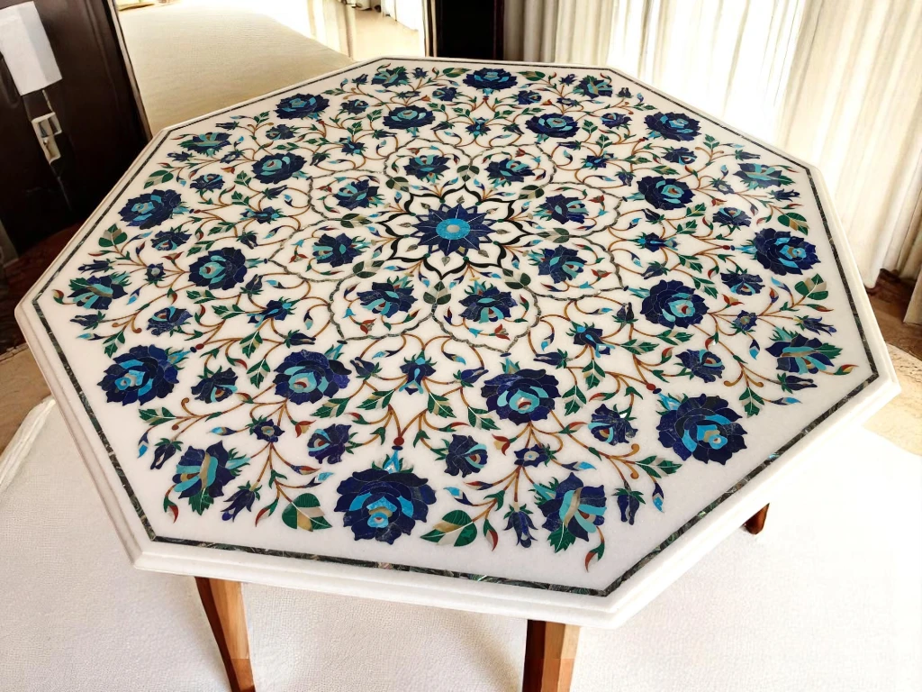 Marble Top End Coffee Table – Floral Lapis & Turquoise Inlay Gemstone Design